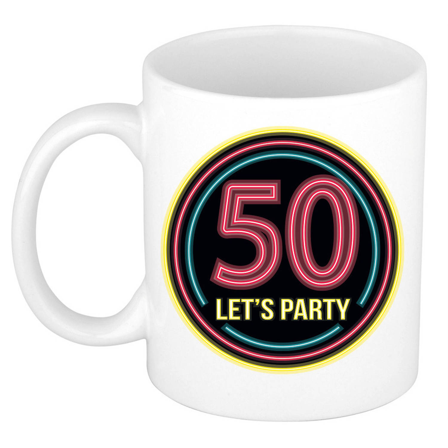 Verjaardag mok-beker Lets party 50 jaar neon 300 ml verjaardagscadeau feest mokken