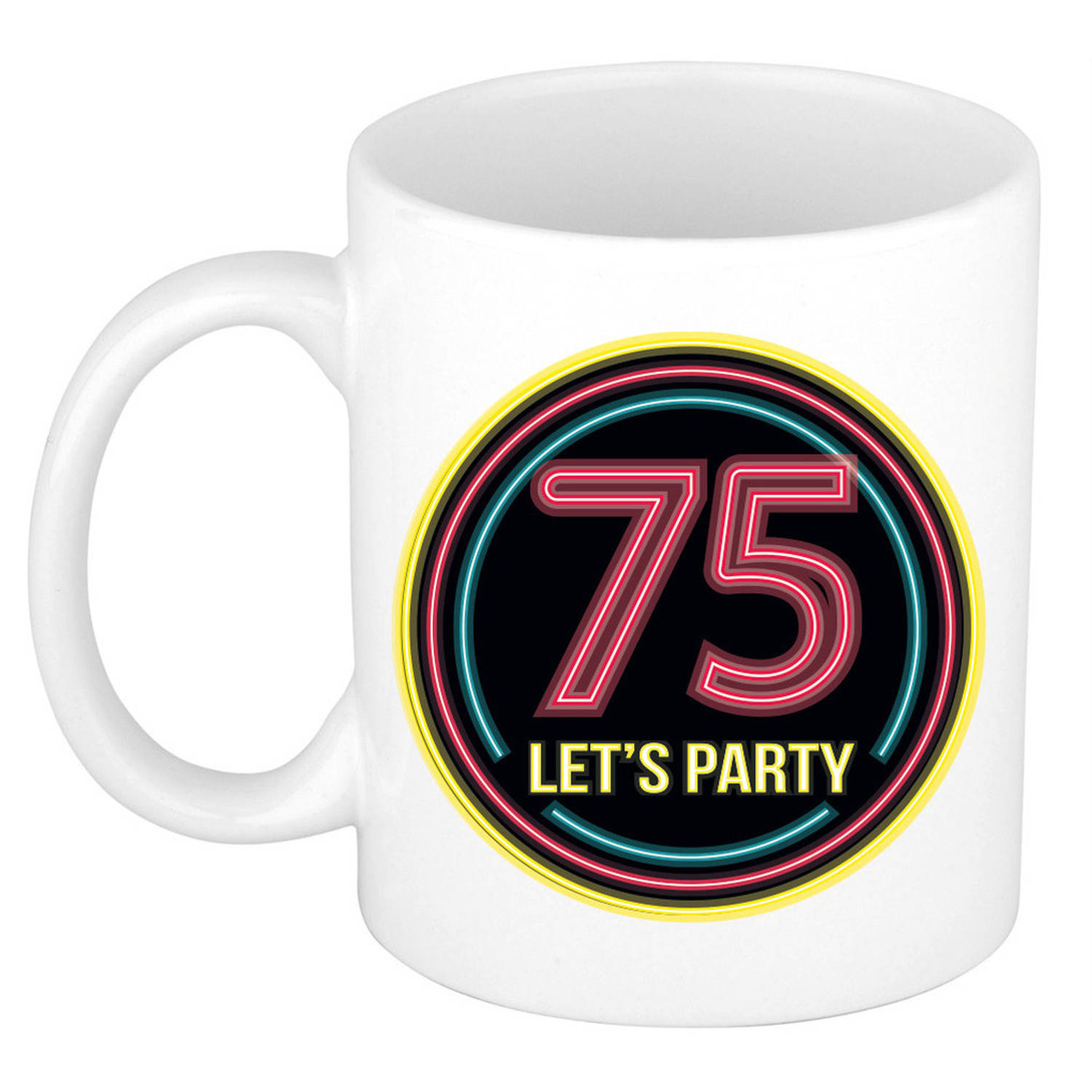 Verjaardag mok-beker Lets party 75 jaar neon 300 ml verjaardagscadeau feest mokken