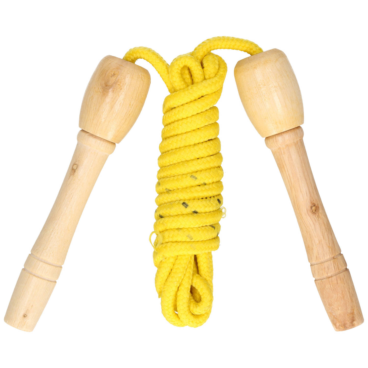 Springtouw speelgoed met houten handvat geel 240 cm buitenspeelgoed Springtouwen