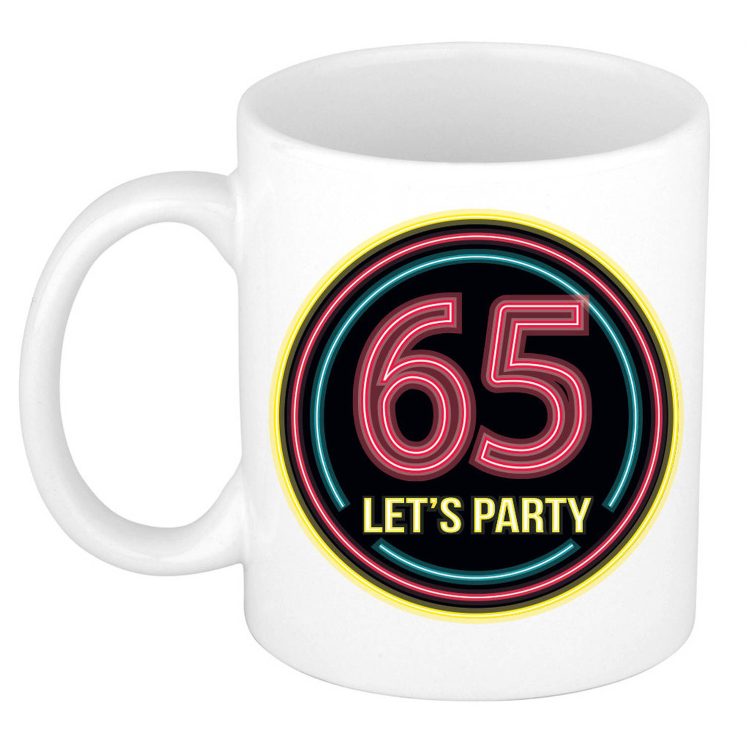 Verjaardag mok-beker Lets party 65 jaar neon 300 ml verjaardagscadeau feest mokken