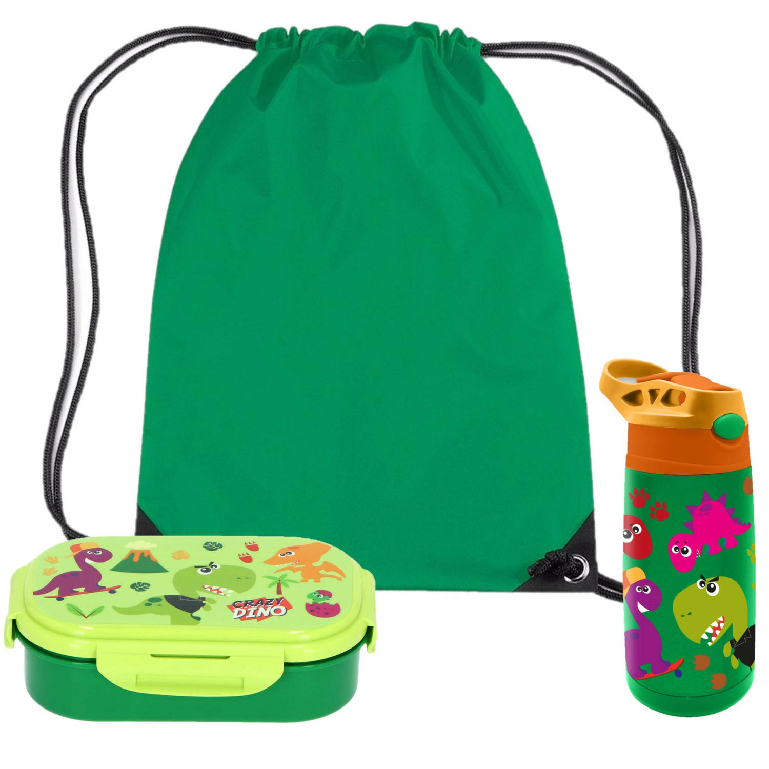 Crazy Dino lunchbox set voor kinderen - 3-delig - groen - kunststof/rvs - incl. gymtas/schooltas - Lunchboxen