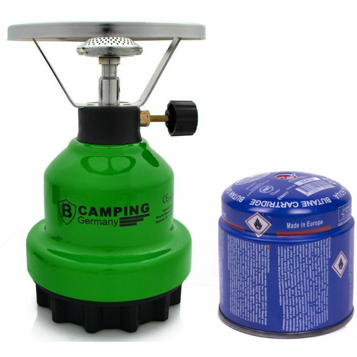 Camping kookstel metaal groen incl. gas navulling priktank 190 gram Kookbranders