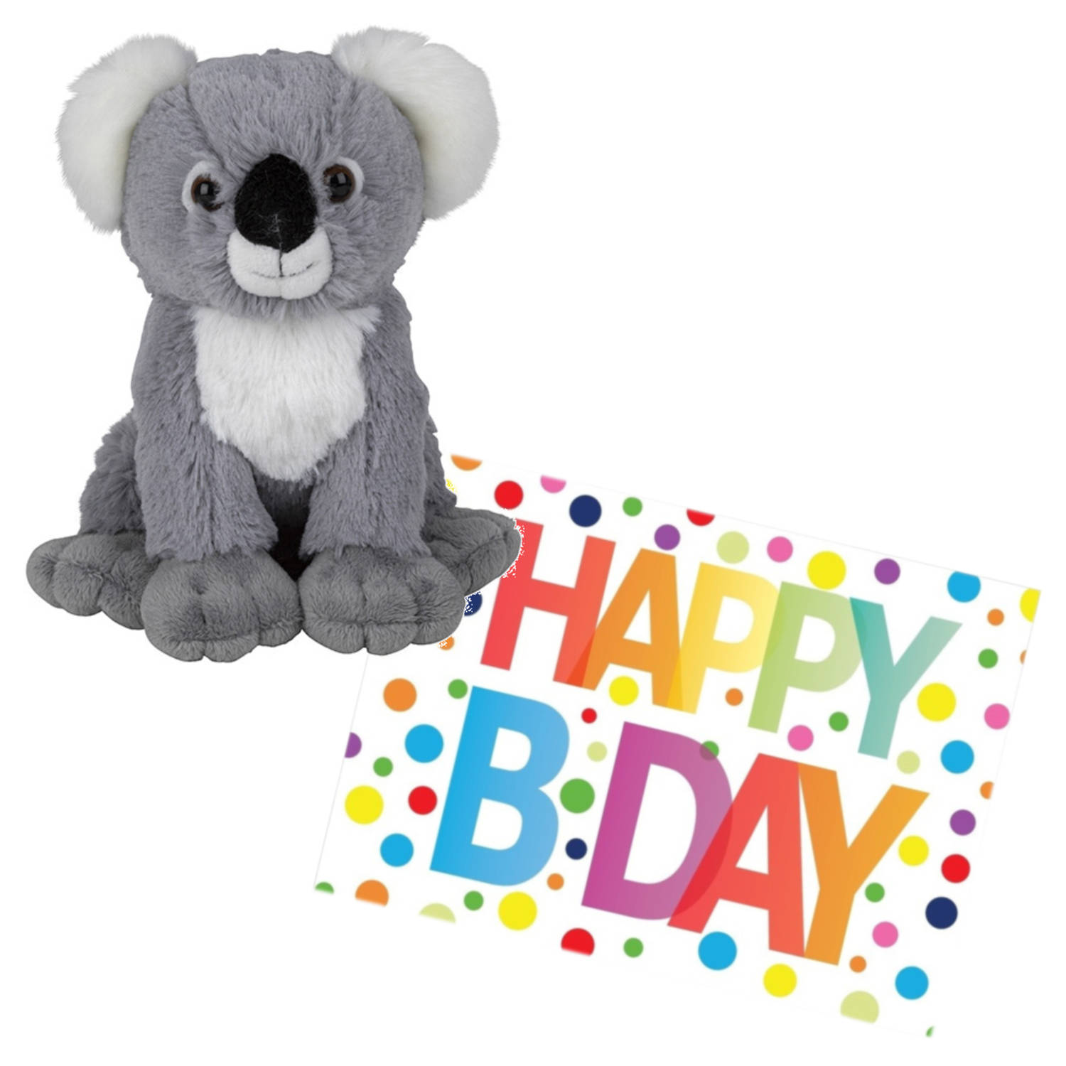 Pluche knuffel koala beer 19 cm met A5-size Happy Birthday wenskaart Knuffeldier