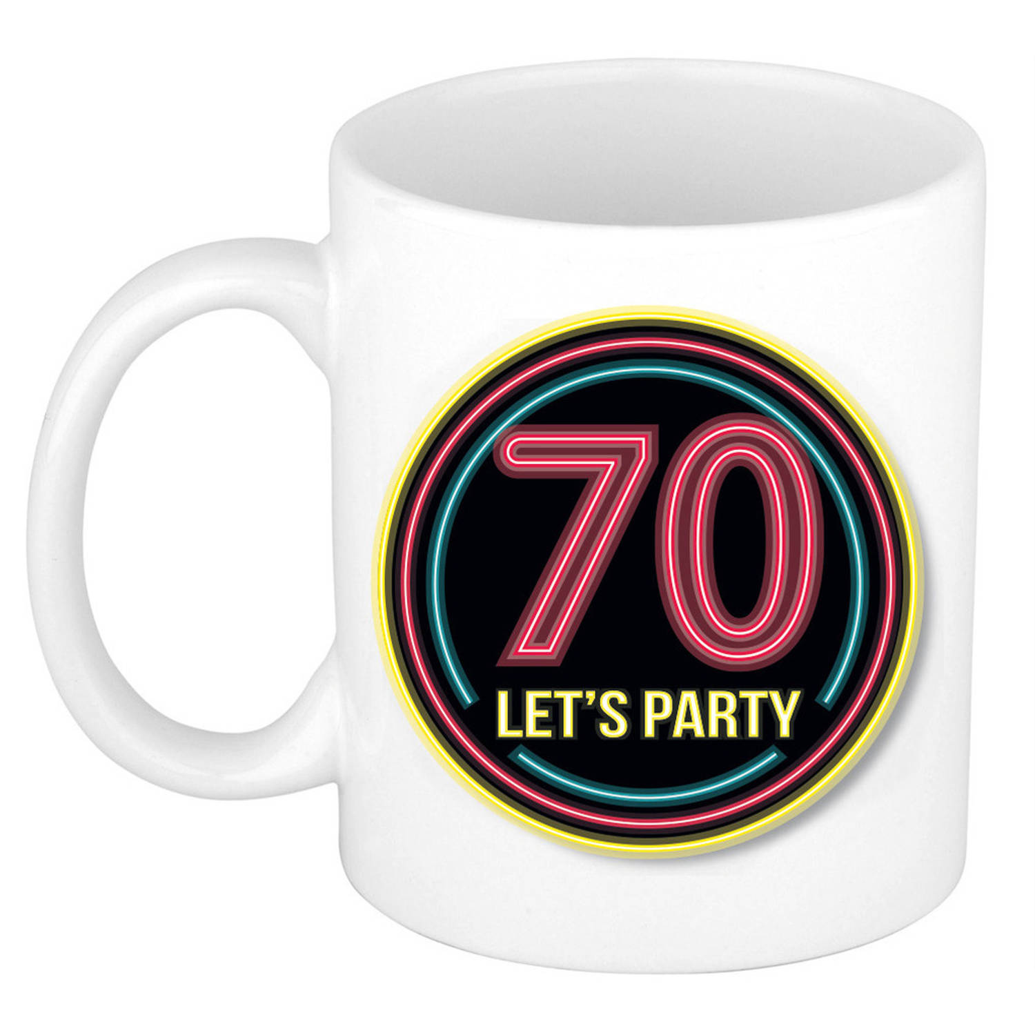 Verjaardag mok-beker Lets party 70 jaar neon 300 ml verjaardagscadeau feest mokken