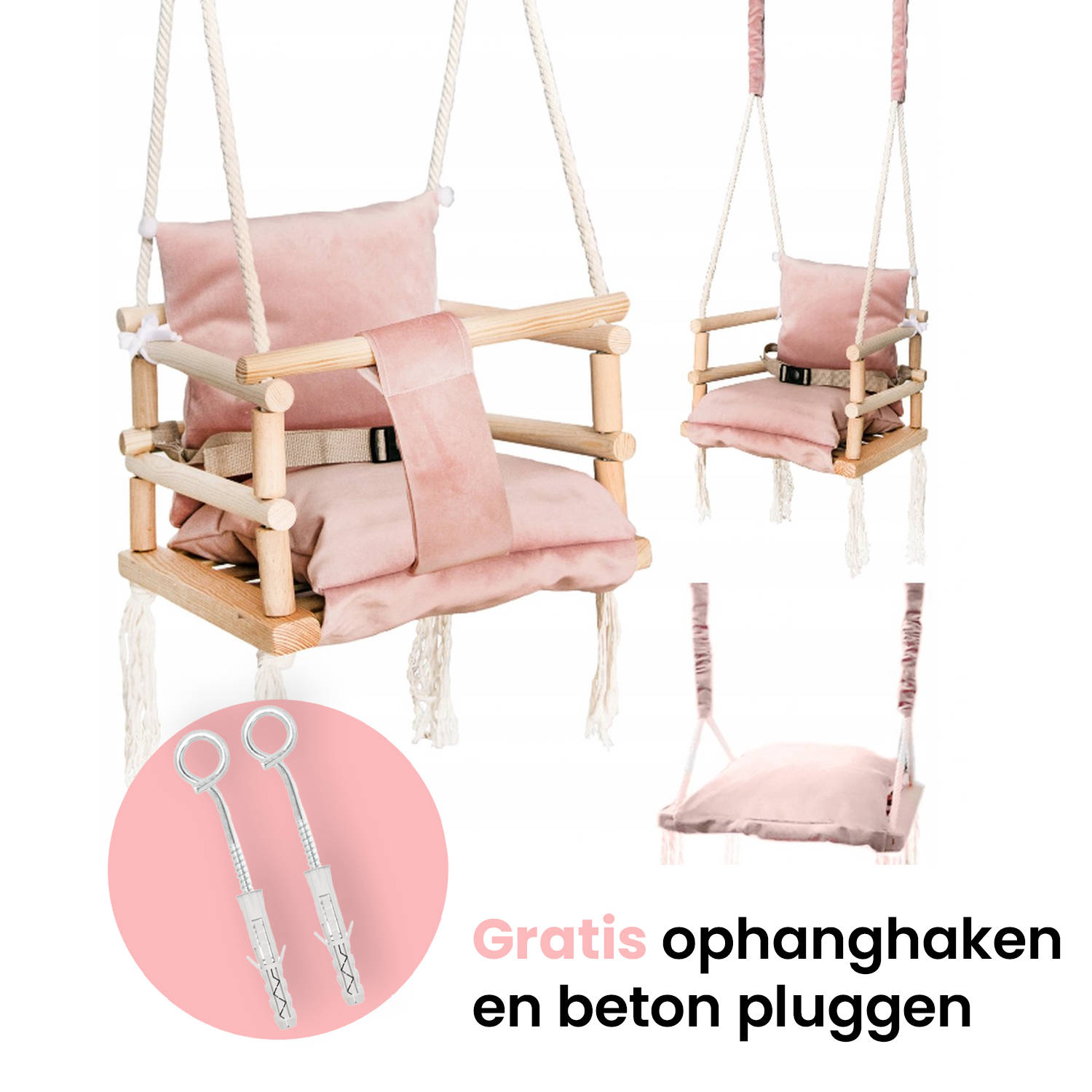 Luxe houten 3 in 1 roze meegroei baby schommel en Kinder schommel – Baby swing – Schommel die meegroeit met je kindje - Schommelstoel - Schommels - handgemaakt