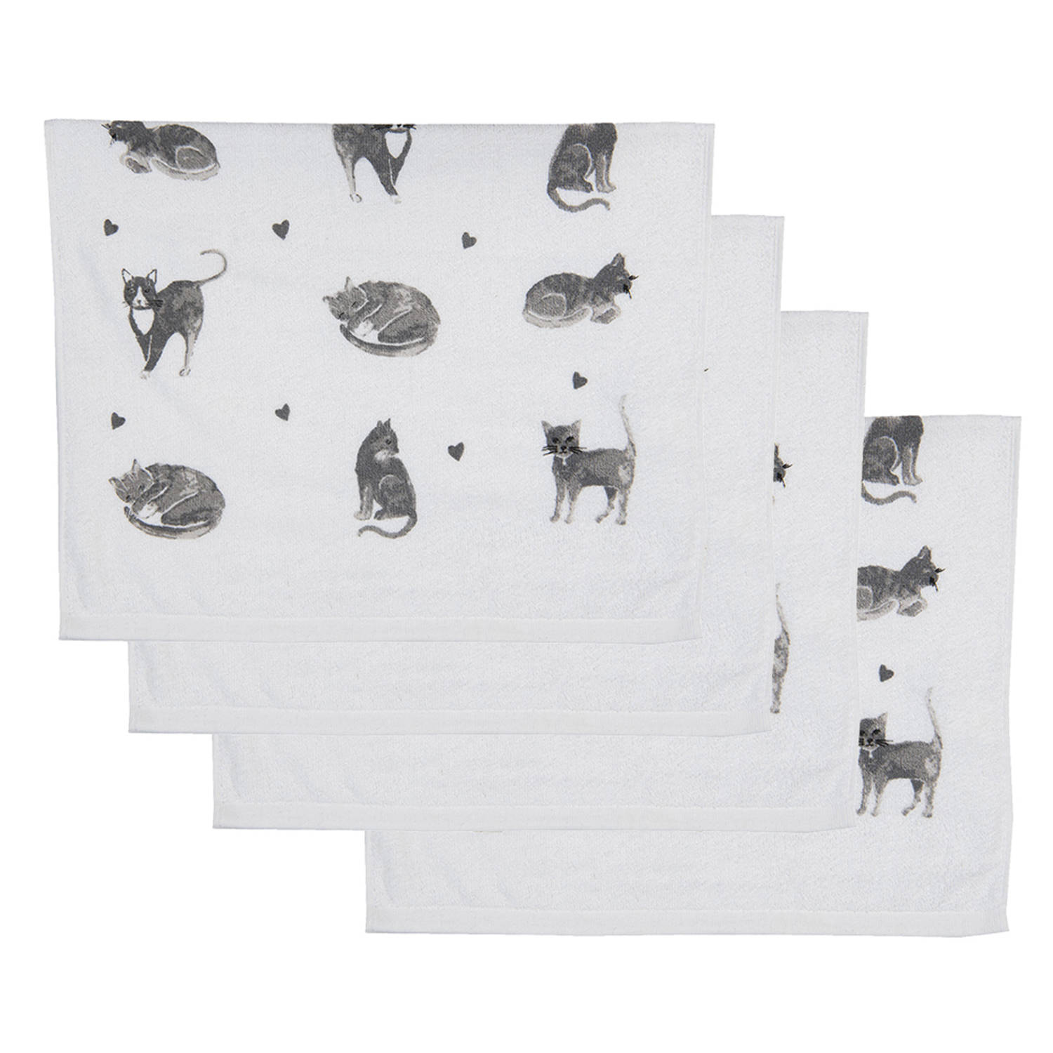 HAES DECO - Set van 4 Gastendoeken - formaat 40x66 cm - kleuren Wit / Zwart / Grijs - van 100% Katoen - Collectie: Cats and Kittens - Gastendoek / handdoek / Toilethanddoek