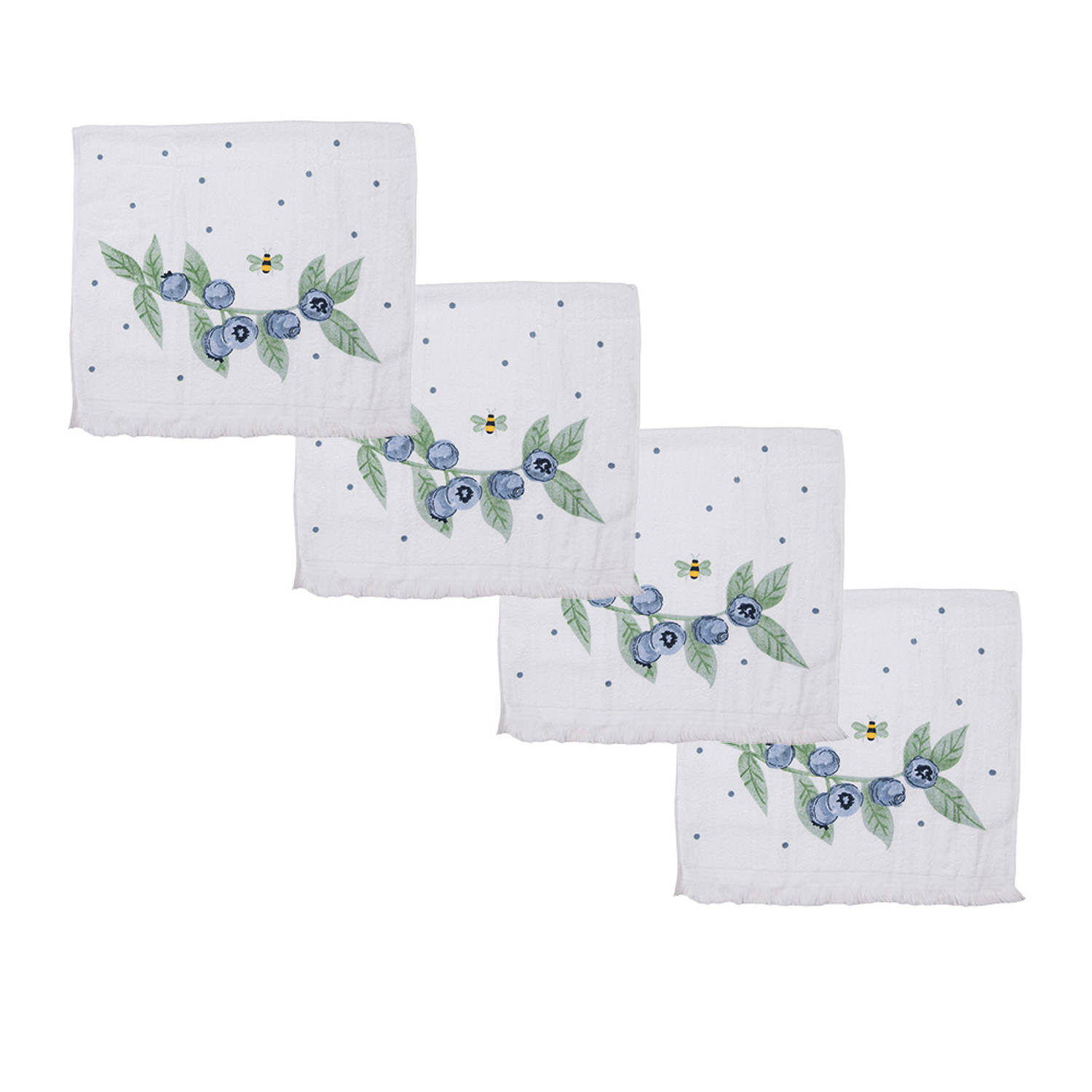 HAES DECO - Set van 4 Gastendoeken - formaat 40x66 cm - kleuren Beige / Blauw / Groen - van 100% Katoen - Collectie: Blueberry Fields - Gastendoek / handdoek / Toilethanddoek
