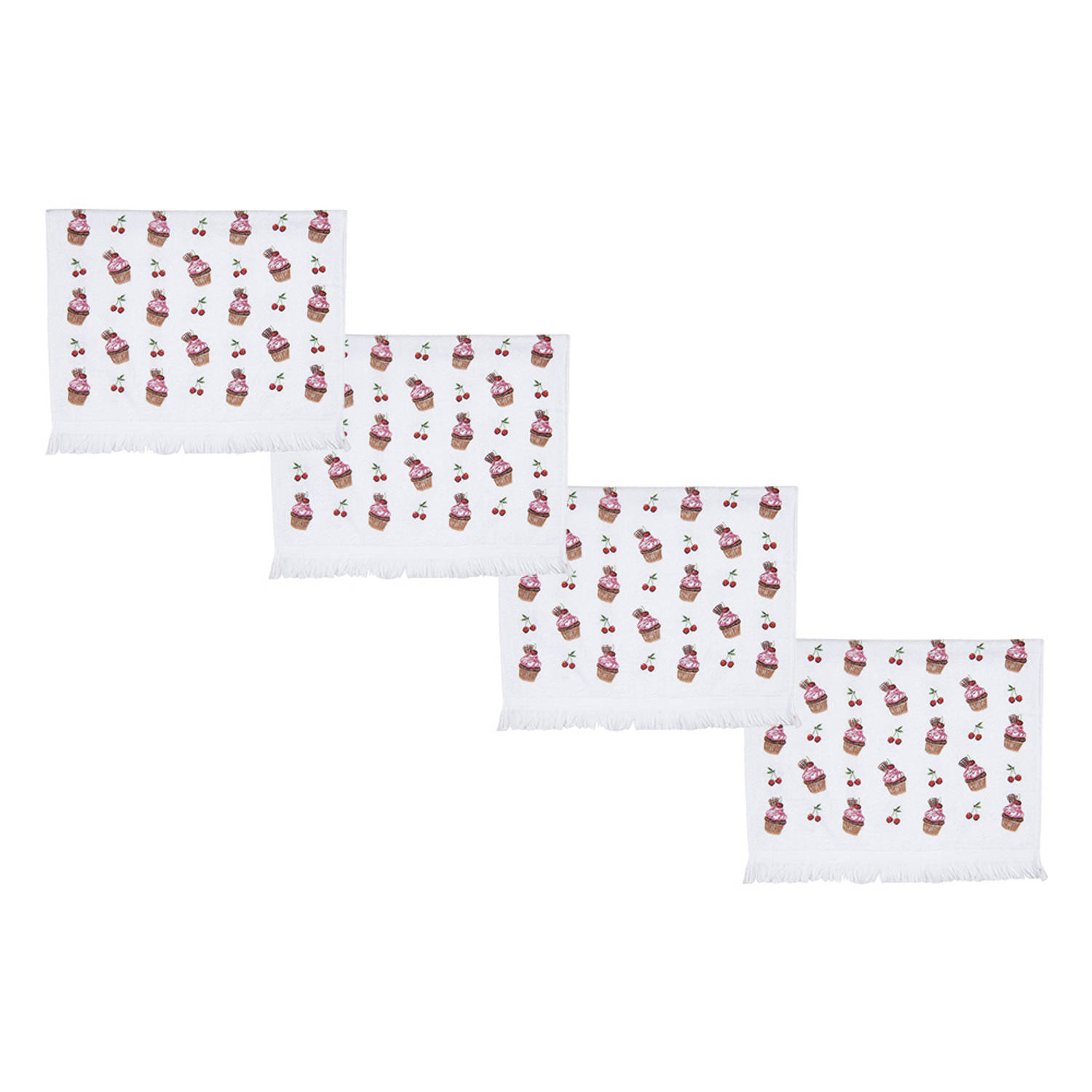 HAES DECO - Set van 4 Gastendoeken - formaat 40x66 cm - kleuren Wit / Rood / Roze - van 100% Katoen - Collectie: Cherry Cupcake - Gastendoek / handdoek / Toilethanddoek