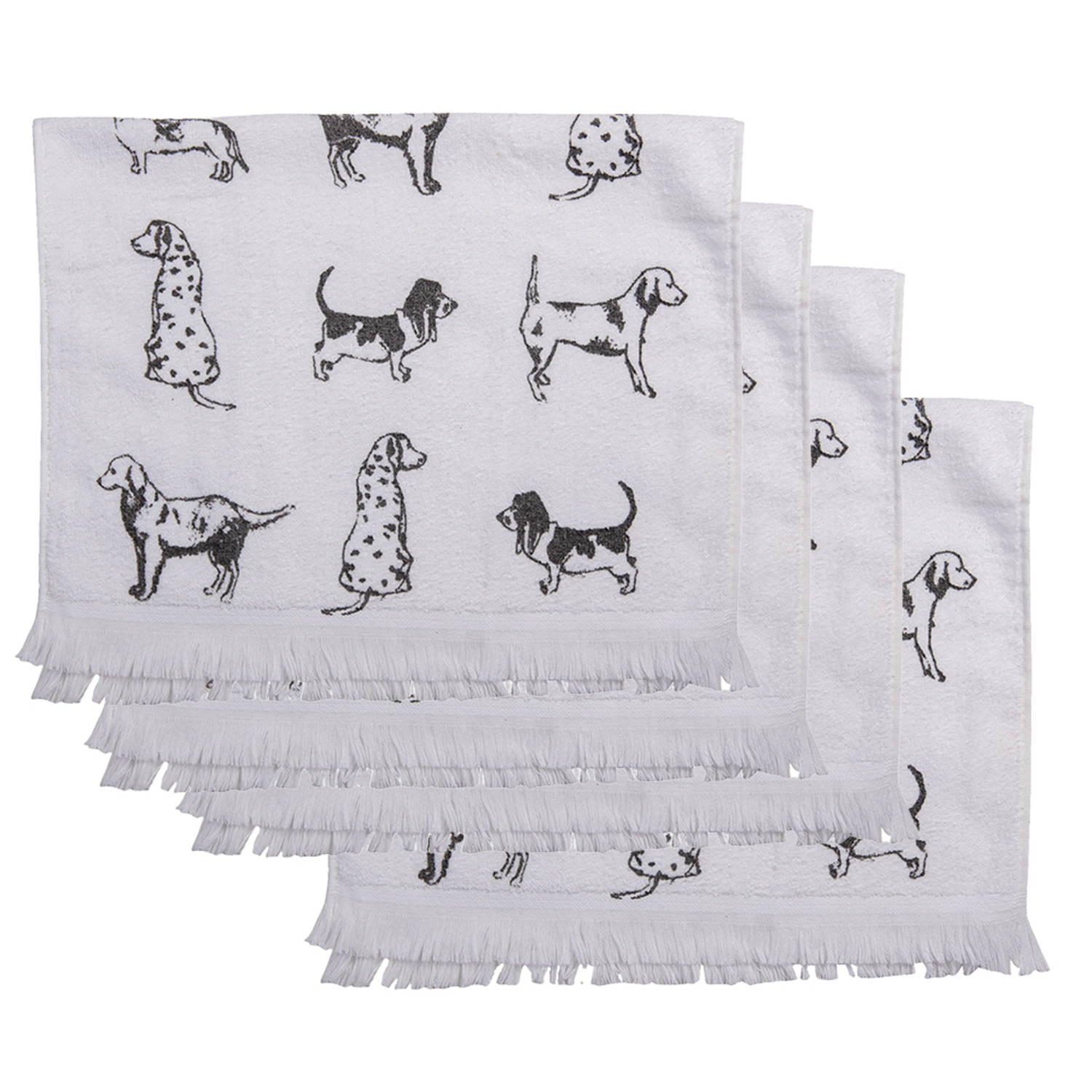 HAES DECO - Set van 4 Gastendoeken - formaat 40x66 cm - kleuren Grijs / Wit - van 100% Katoen - Collectie: Dog Lovers - Gastendoek / handdoek / Toilethanddoek
