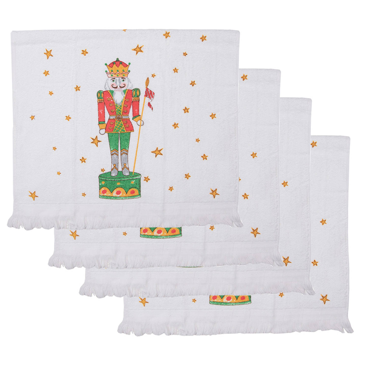 HAES DECO - Set van 4 Gastendoeken - formaat 40x66 cm - kleuren Wit / Rood / Groen / Bruin - van 100% Katoen - Collectie: Happy Little Christmas - Gastendoek / handdoek / Toilethan