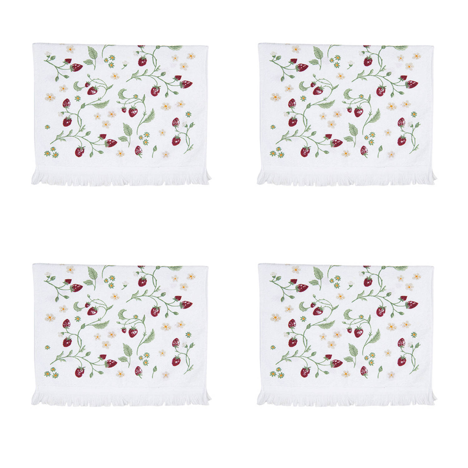 HAES DECO - Set van 4 Gastendoeken - formaat 40x66 cm - kleuren Rood / Groen / Wit - van 100% Katoen - Collectie: Wild Strawberries - Gastendoek / handdoek / Toilethanddoek