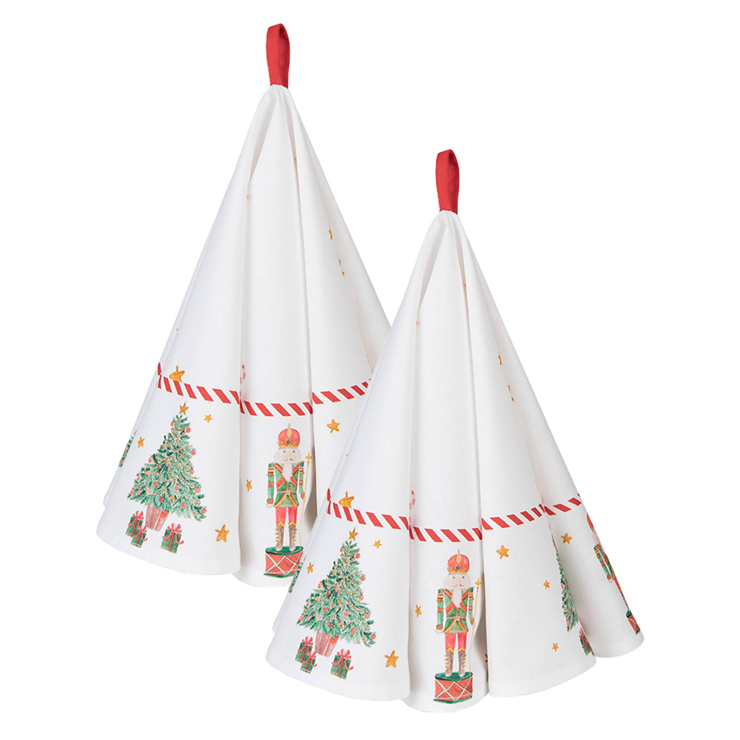 HAES DECO - Set van 2 Theedoeken rond - formaat Ø 80 cm - kleuren Wit / Rood / Groen / Bruin - van 100% Katoen - Collectie: Happy Little Christmas - Kerst Theedoek, Keukendoek voor