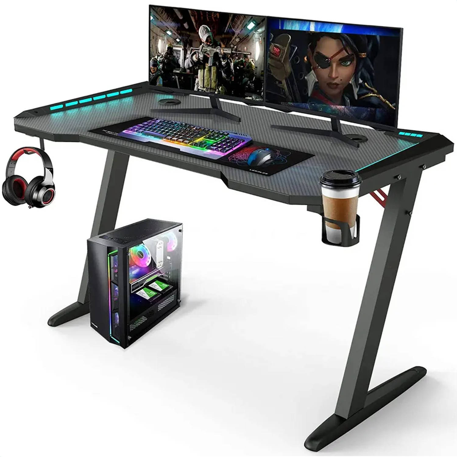 Avalo Gaming Bureau 120x60x73 CM Game Desk Met LED Verlichting Tafel Zwart