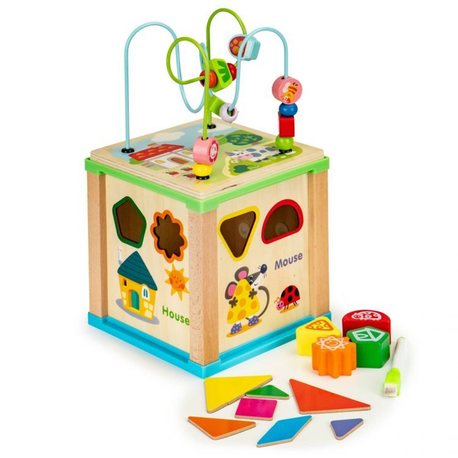 Ecotoys duurzame houten educatieve activiteiten kubus - Met bord om te schrijven - Educatief speelgoed - Montessori speelgoed - 18 x 18 x 33 cm