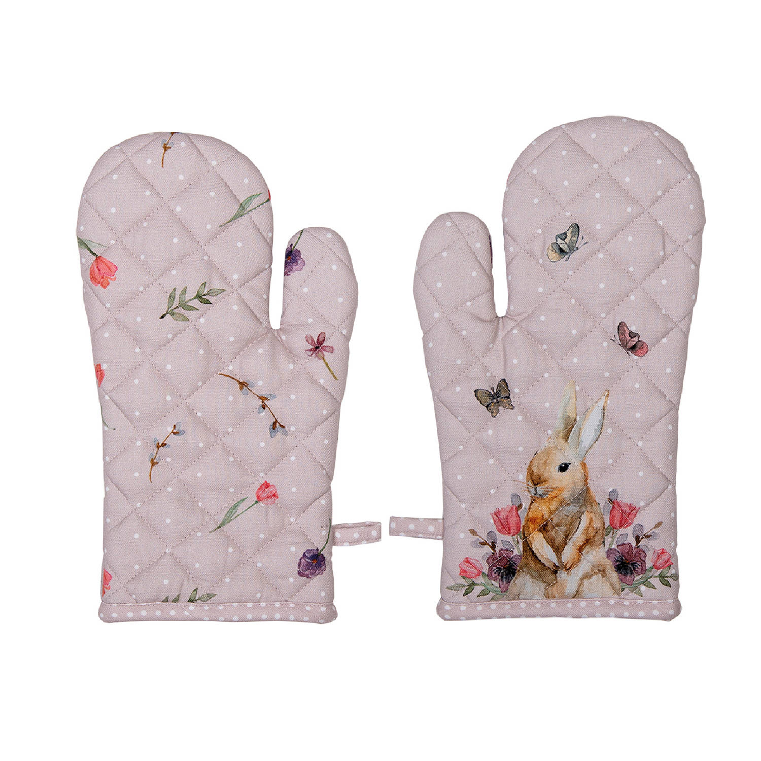 HAES DECO - Set van 2 Ovenwanten - formaat 18x30 cm - kleuren Beige / Rose - van 100% Katoen - Collectie: Happy Bunny - Ovenhandschoenen