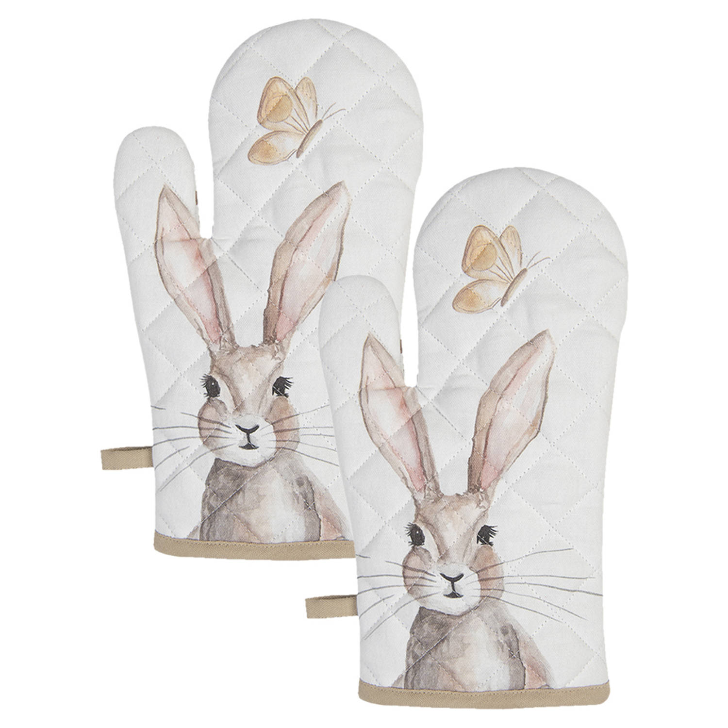 HAES DECO - Set van 2 Ovenwanten - formaat 18x30 cm - kleuren Bruin / Wit - van 100% Katoen - Collectie: Rustic Easter Bunny - Ovenhandschoenen