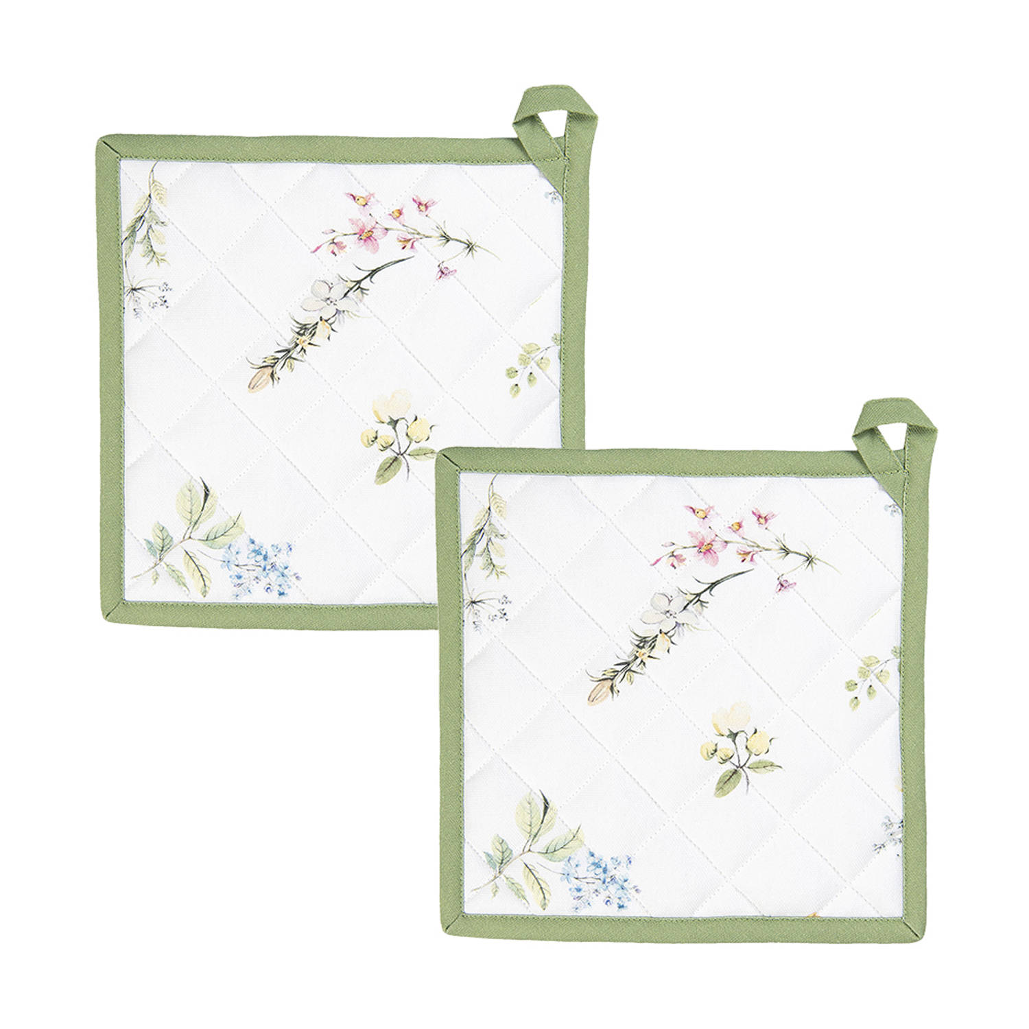 HAES DECO - Set van 2 Pannenlappen - formaat 20x20 cm - kleuren Wit / Groen - van 100% Katoen - Collectie: Happy Florals - Pannenlap