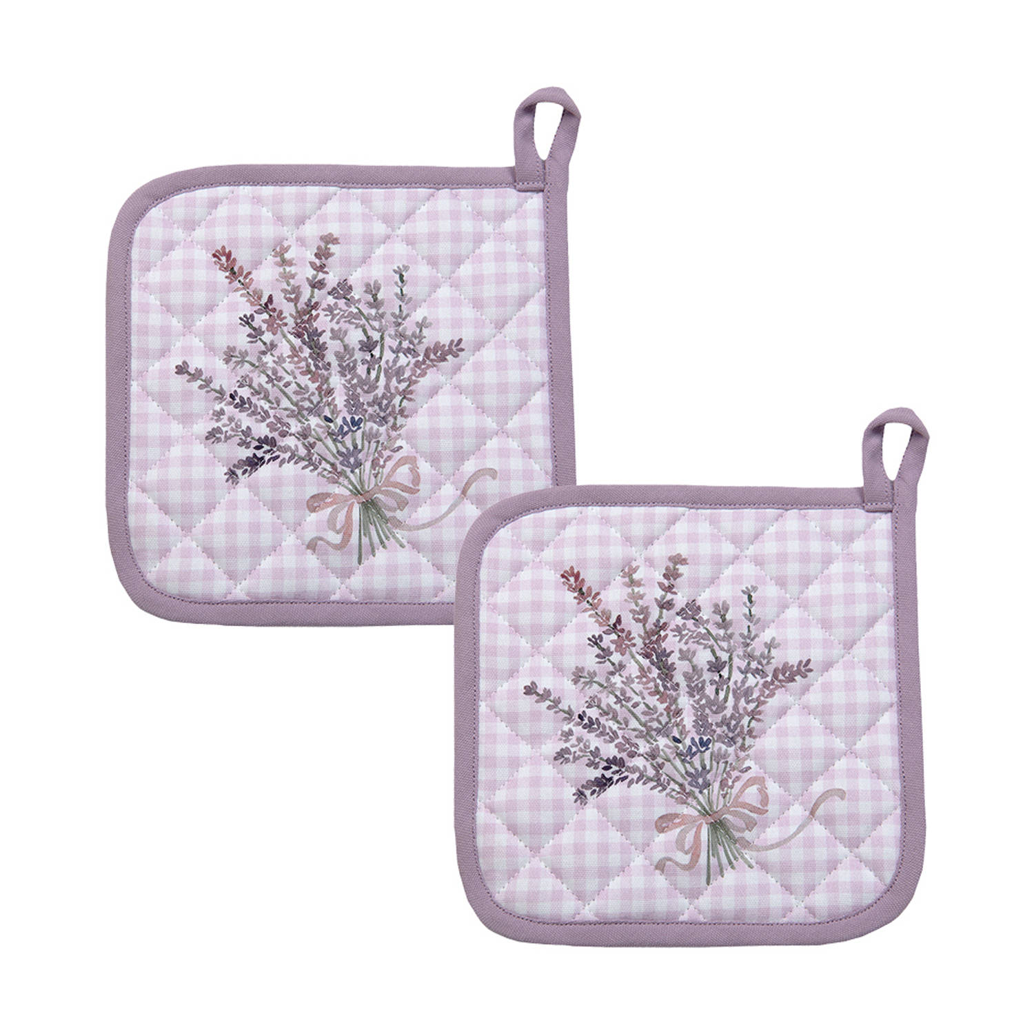HAES DECO - Set van 2 Pannenlappen - formaat 20x20 cm - kleuren Paars / Wit - van 100% Katoen - Collectie: Lavender Garden - Pannenlap