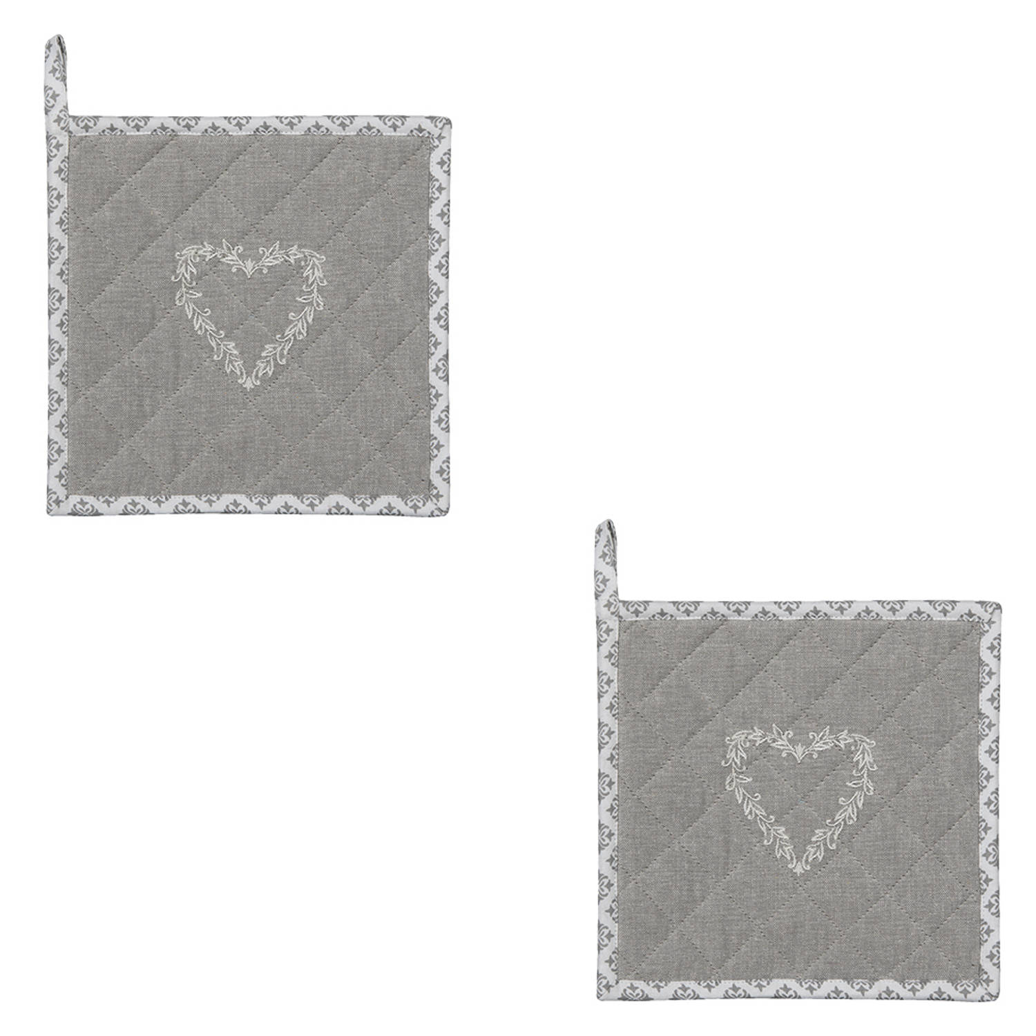HAES DECO - Set van 2 Pannenlappen - formaat 20x20 cm - kleuren Grijs / Wit - van 100% Katoen - Collectie: Lovely Heart - Pannenlap