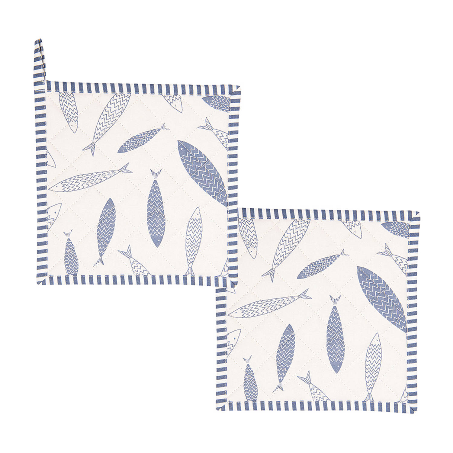 HAES DECO - Set van 2 Pannenlappen - formaat 20x20 cm - kleuren Blauw / Wit / Grijs - van 100% Katoen - Collectie: Nautic Fish - Pannenlap