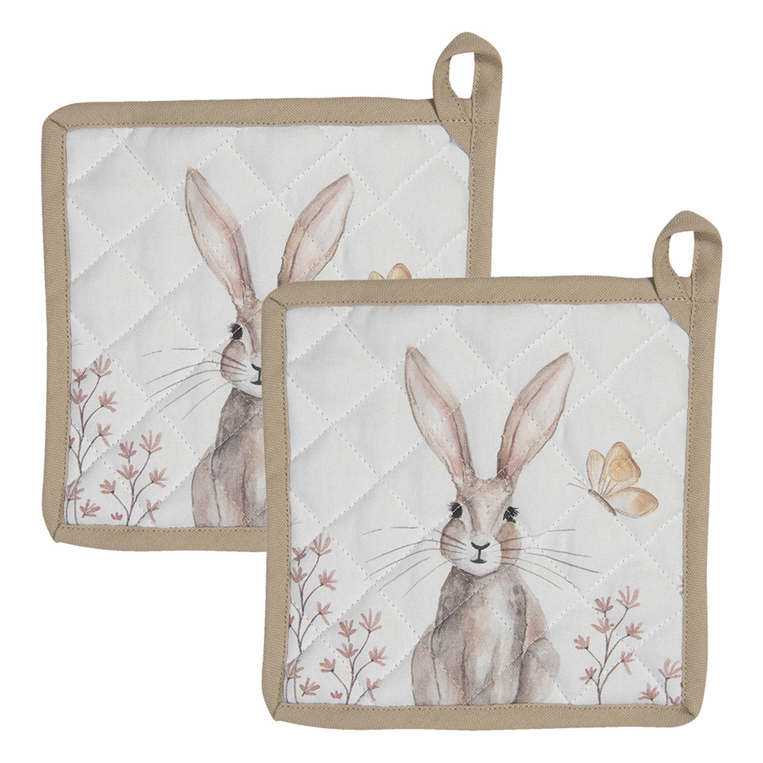 HAES DECO - Set van 2 Pannenlappen - formaat 20x20 cm - kleuren Bruin / Wit - van 100% Katoen - Collectie: Rustic Easter Bunny - Pannenlap