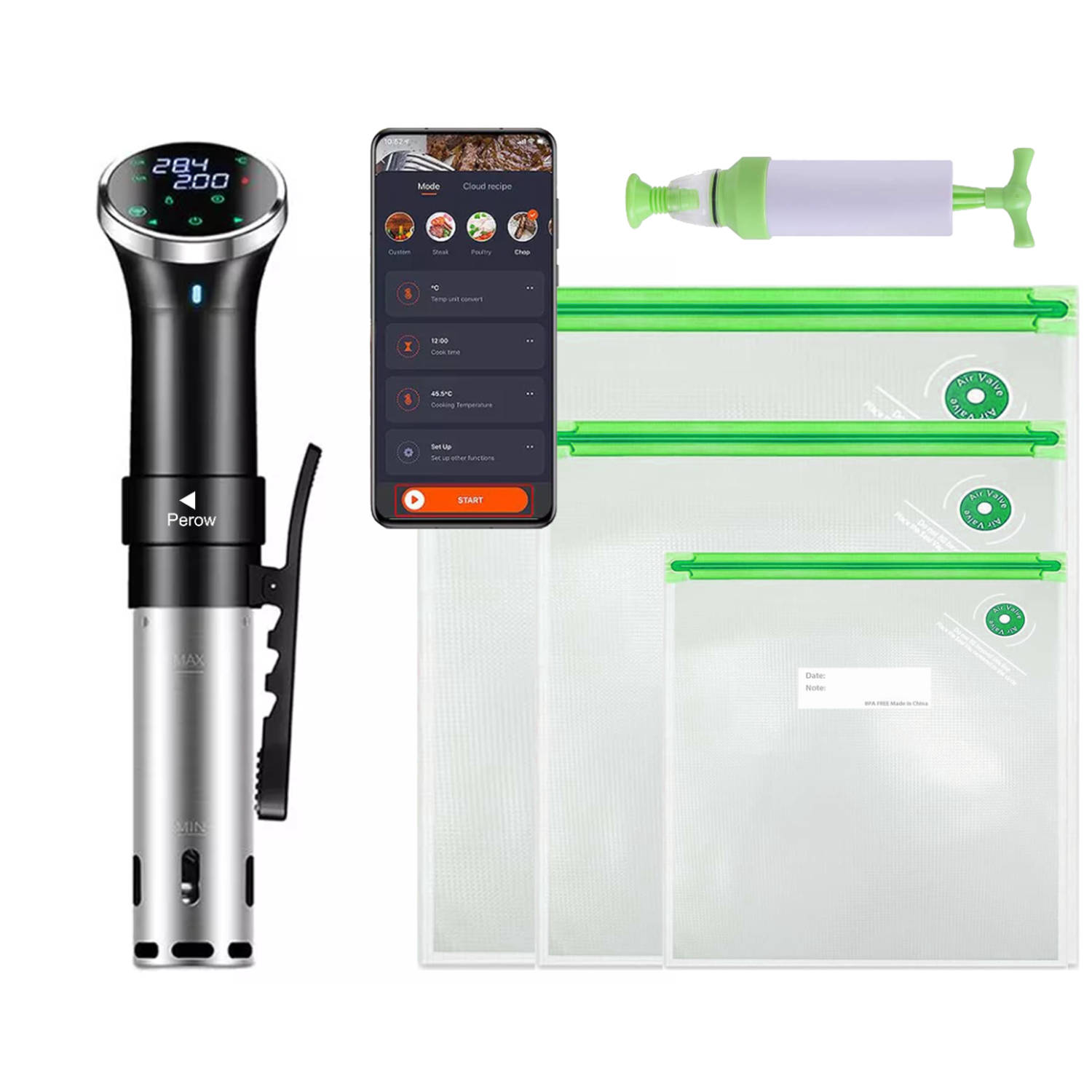 Perow Sous Vide Stick - Inclusief Wi-Fi en App - Inclusief Vacuum set - Slow Cooker - Smart Slowcooker - Zwart/RVS