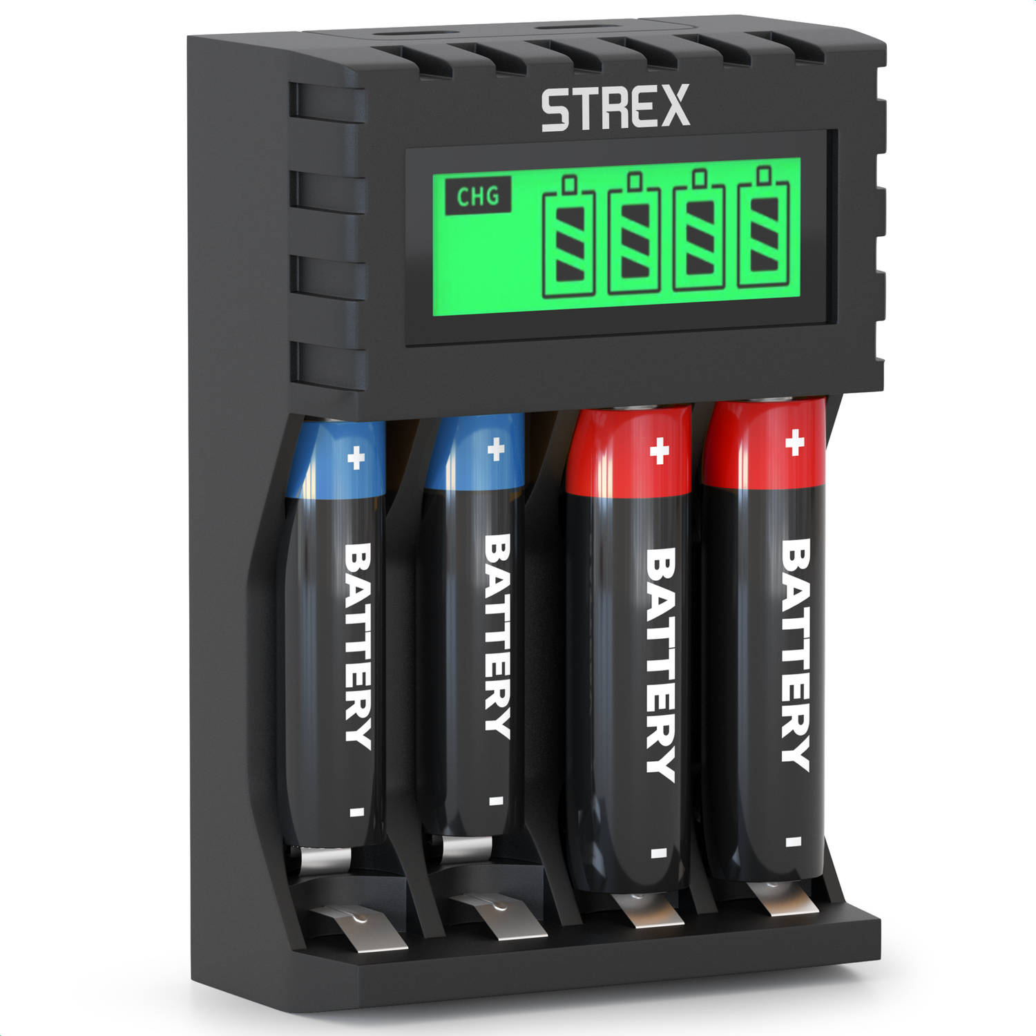 Strex Batterij Oplader - AA/AAA Batterijen - USB Oplaadbaar - LCD Display - Universele Batterijlader Voor Oplaadbare