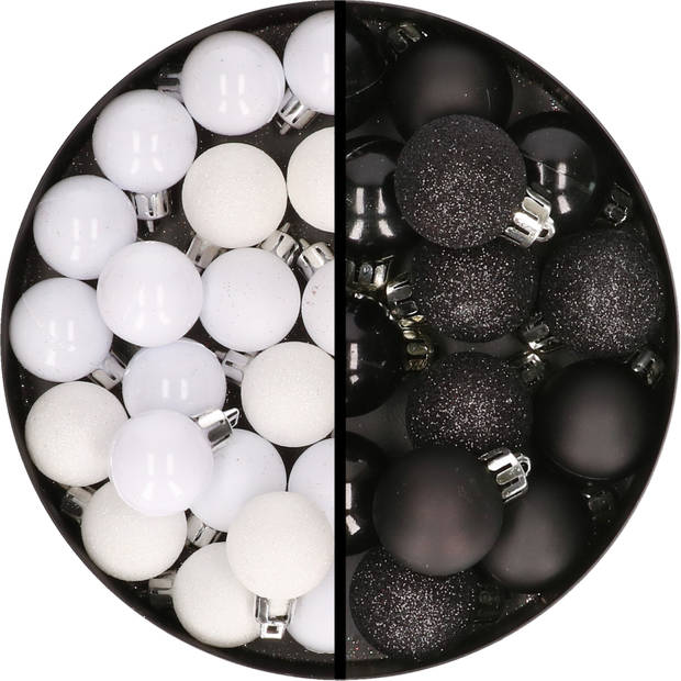 34x stuks kunststof kerstballen wit en zwart 3 cm - Kerstbal