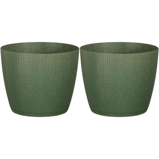 2x stuks plantenpot/bloempot kunststof donkergroen ribbels patroon - D17,5/H15 cm - Plantenpotten