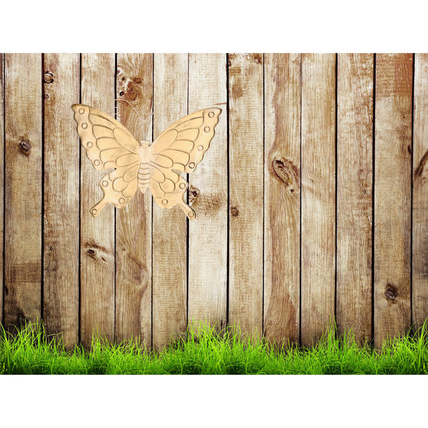 Tuin/schutting decoratie vlinder - goud/zilver - metaal - 39 x 32 cm - Tuinbeelden