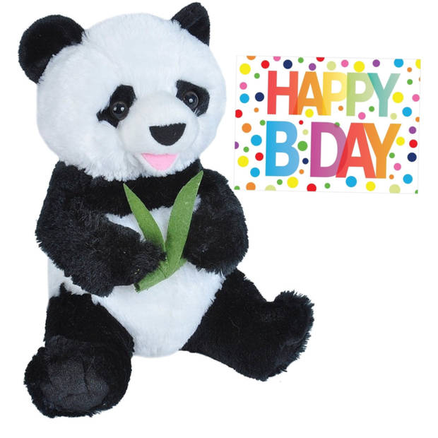 Pluche knuffel panda beer 25 cm met A5-size Happy Birthday wenskaart - Knuffelberen