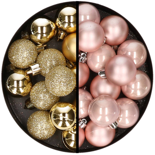 36x stuks kunststof kerstballen goud en lichtroze 3 en 4 cm - Kerstbal