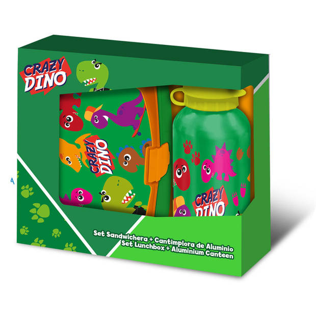 Crazy Dino lunchbox set voor kinderen - 3-delig - groen - kunststof - incl. gymtas/schooltas - Lunchboxen