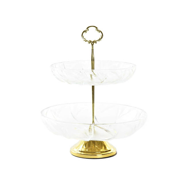 Items Design fruitschaal - goud/transparant - 2 laags etagiere - metaal/glas - 25 x 29 cm - Fruitschalen