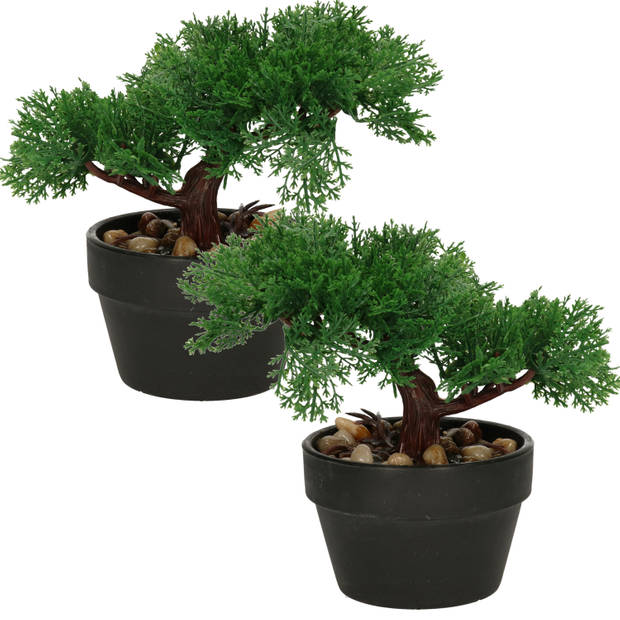 H&S Collection Kunstplant Bonsai boompje in pot - 2x - Japans decoratie - 19 cm - Type Moss - Kunstplanten