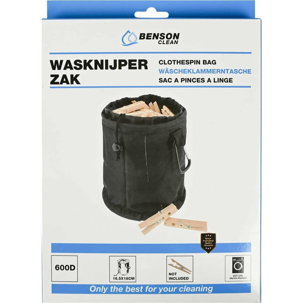 Benson Wasknijpers mandje/zakje - koord en karabijnhaak - D16 x H18 cm - knijperszakken
