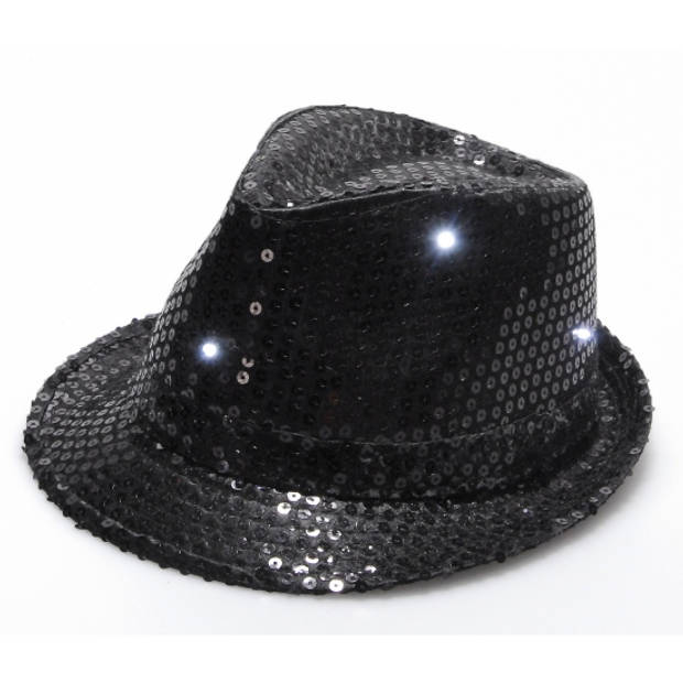 Carnaval verkleed set glitter LED lampjes hoed en party bril zwart - Verkleedhoofddeksels