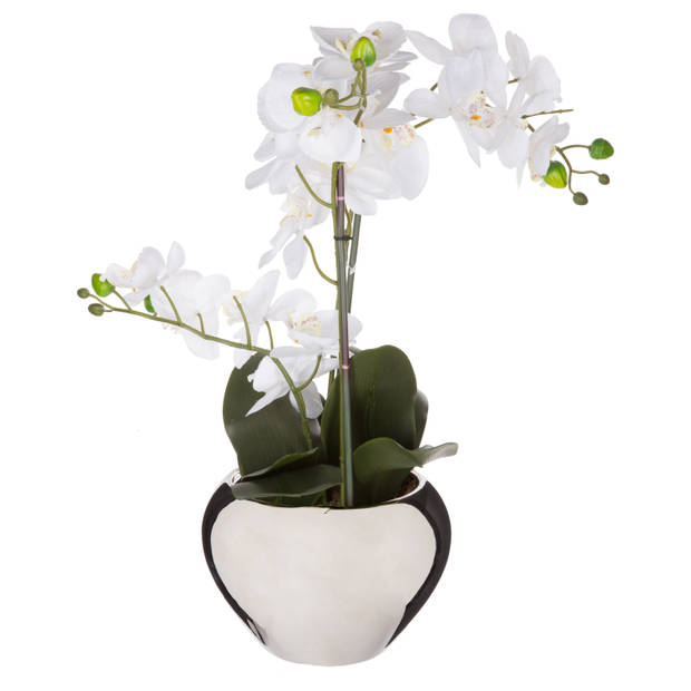 Atmosphera Orchidee bloem kunstplant - wit - H56 x B40 cm - in zilveren pot - Kunstplanten