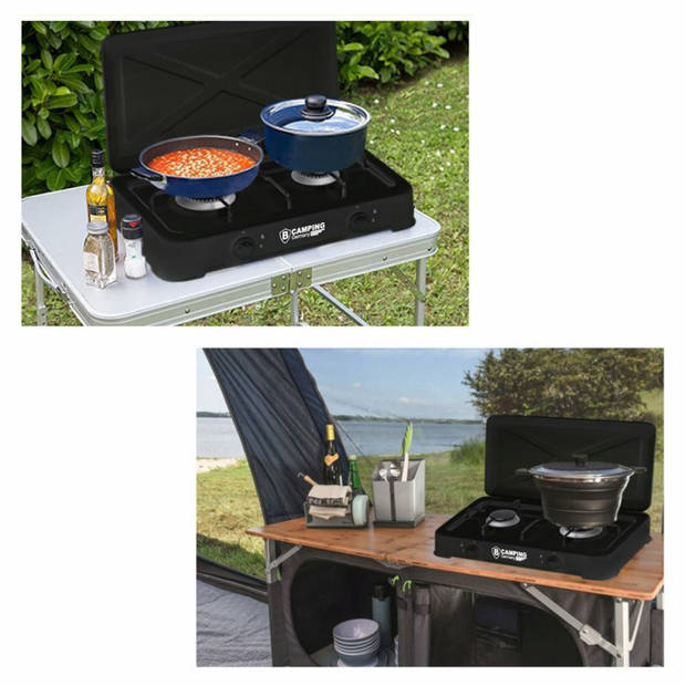Camping kookpit/kookstel - 2-pits - zwart - metaal - 47,5 x 34,5 x 8 cm - Kookbranders