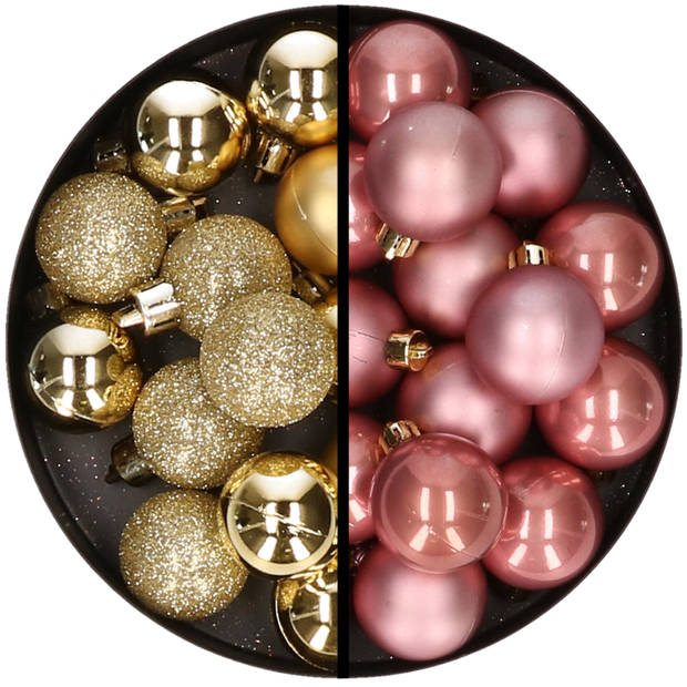 36x stuks kunststof kerstballen goud en oudroze 3 en 4 cm - Kerstbal