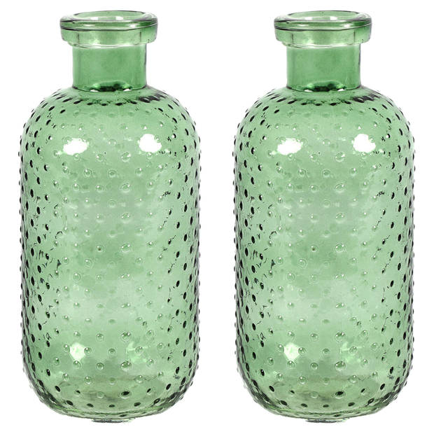 Countryfield Bloemenvaas Cactus Dots - 2x - groen transparant - glas - D11 x H24 cm - Vazen