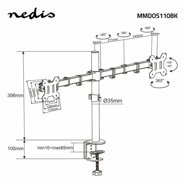 Nedis Monitorbeugel voor Bureaus - MMDOS110BK - Zwart