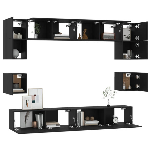 The Living Store TV-meubelset - Klassiek - Hout - Zwart - 2x 60x30x30cm - 2x 80x30x30cm - 2x 100x30x30cm - 2x