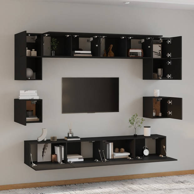 The Living Store TV-meubelset - Klassiek - Hout - Zwart - 2x 60x30x30cm - 2x 80x30x30cm - 2x 100x30x30cm - 2x