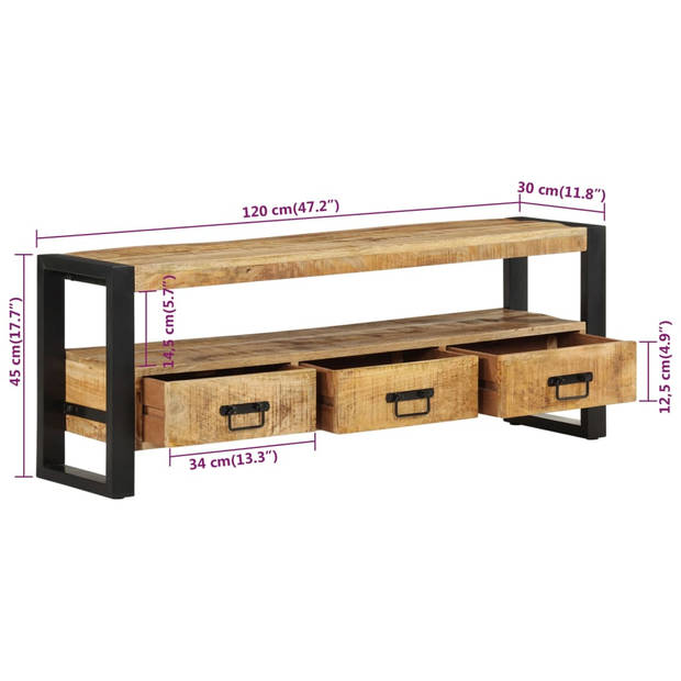 The Living Store mediakast massief mangohout - TV-kast - 120 x 30 x 45 cm - met 3 lades en industriële poten