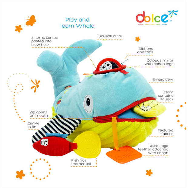 Dolce Toys speelgoed Classic activiteitenknuffel walvis Wallie - 21 cm