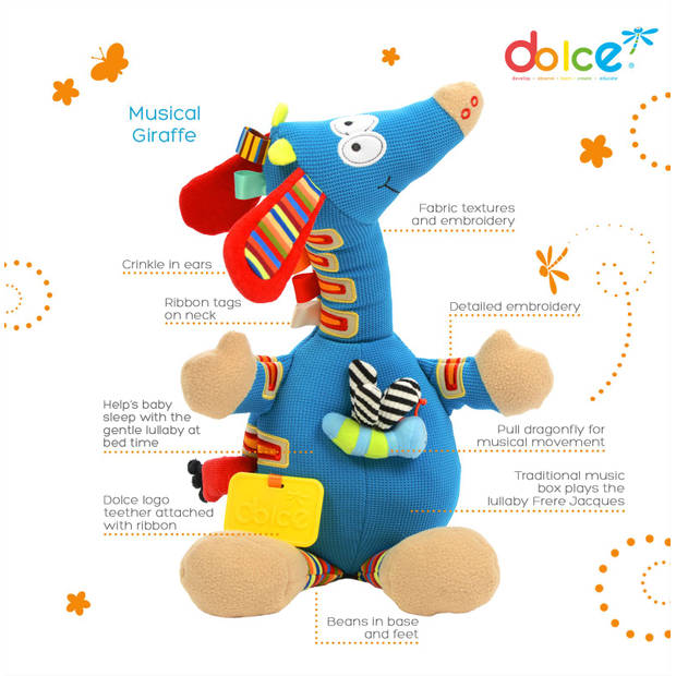 Dolce Toys speelgoed Classic muzikale activiteitenknuffel giraf - 36 cm
