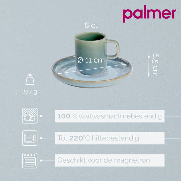 Palmer Espressokop en schotel Miami 8 cl - 5.5 cm Groen Stoneware 2 stuks