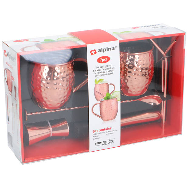 Alpina Moscow Mule cocktail set - 7-delig - koperkleurig - metaal - 450 ml - Cocktailglazen