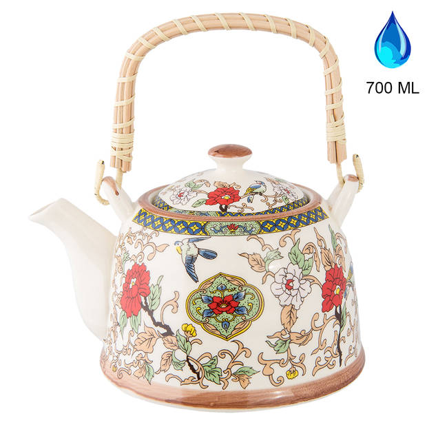 HAES DECO - Chinese Theepot - Porselein - Bloemen en Vogels - Theepot 700 ml - Traditioneel Theeservies, Theekan